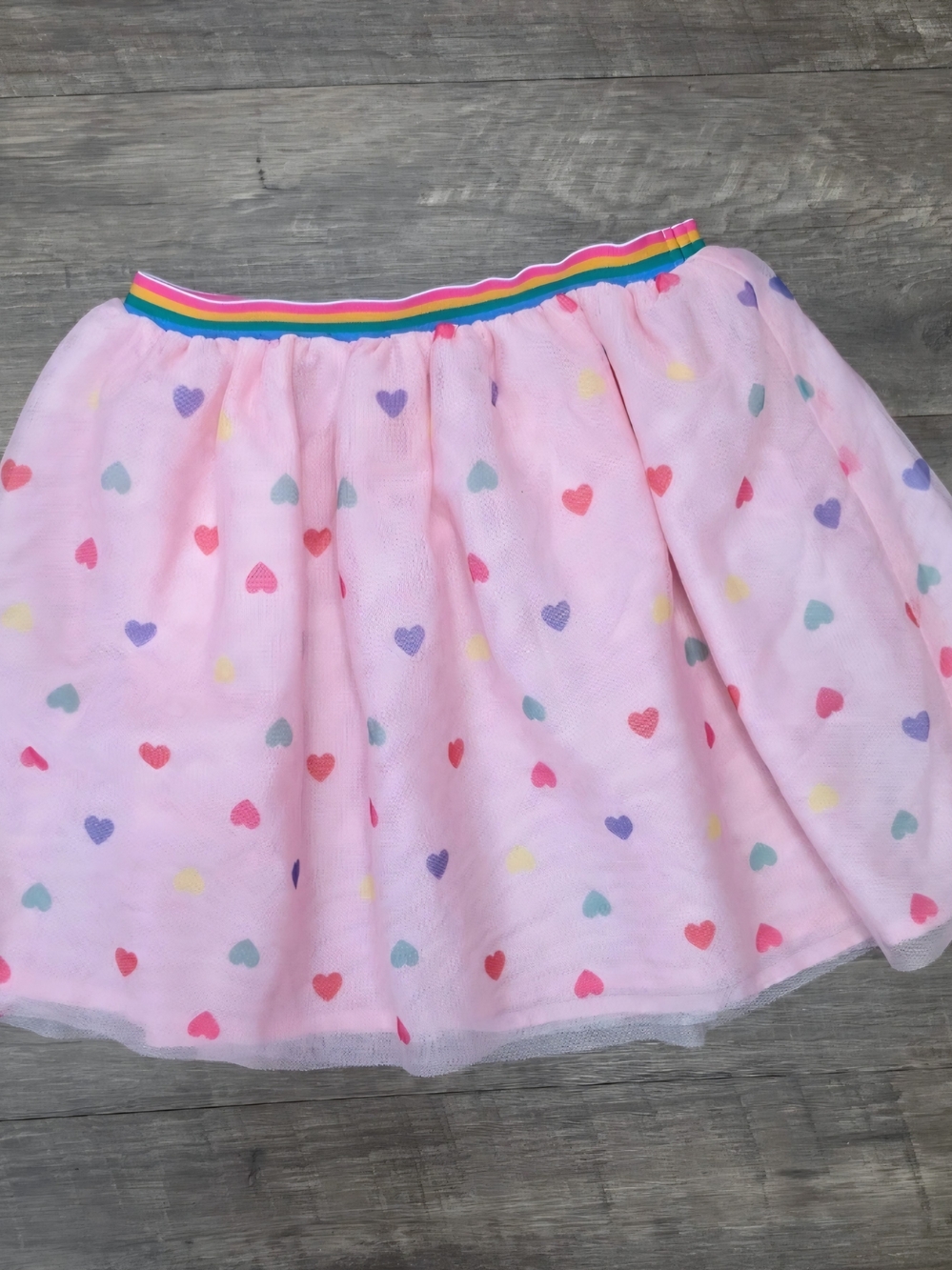 Girls Pink Heart Print Tulle Skirt with Rainbow Waistband